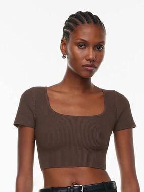Babaton Brown Ribbed Square-Neck Crop Top
